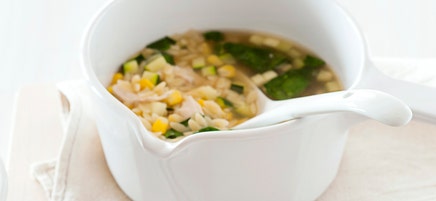 Chicken, sweet corn, spinach and risoni soup