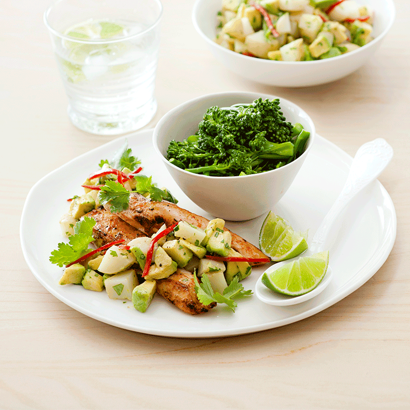 Mexican chicken with potato and avocado salsa