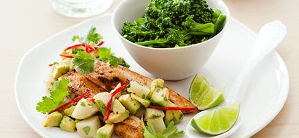 Mexican chicken with potato and avocado salsa