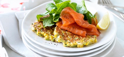 Sweet corn and coriander fritters with smoked salmon