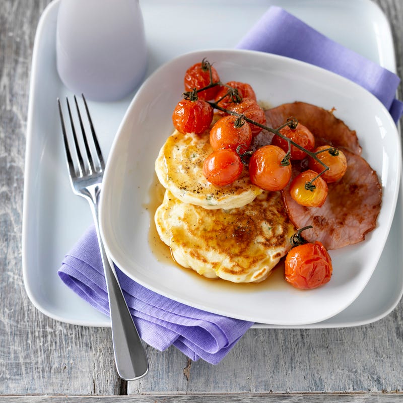 Photo of Sweet corn pancakes with bacon and maple syrup by WW