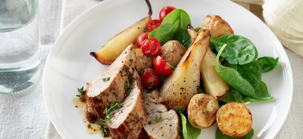 Honey mustard pork with roasted pear salad