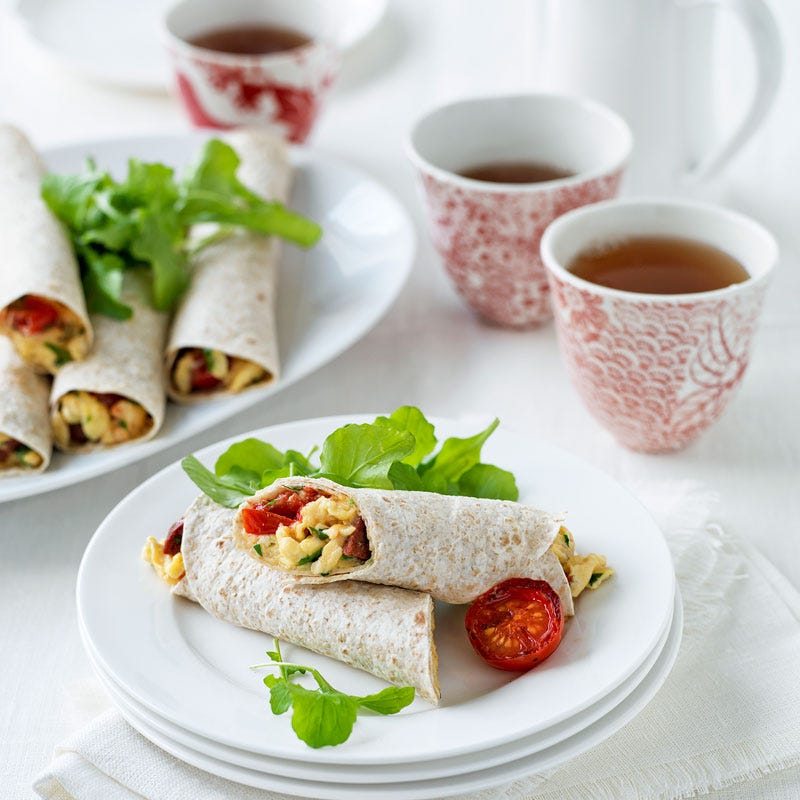 Scrambled egg, tomato and chorizo tortillas