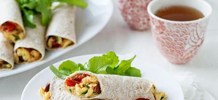 Scrambled egg, tomato and chorizo tortillas