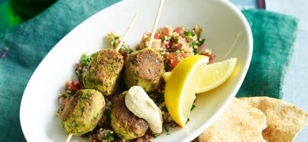 Falafel skewers with hummus and tabouli