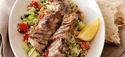 Yoghurt marinated lamb skewers with tabouli
