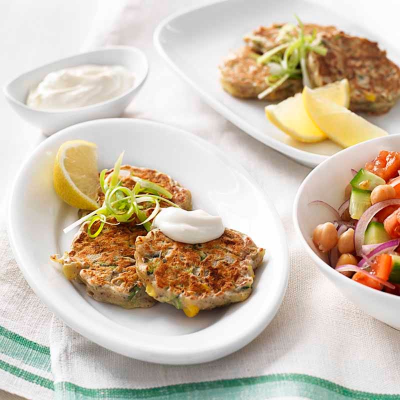 Zucchini, corn and haloumi fritters