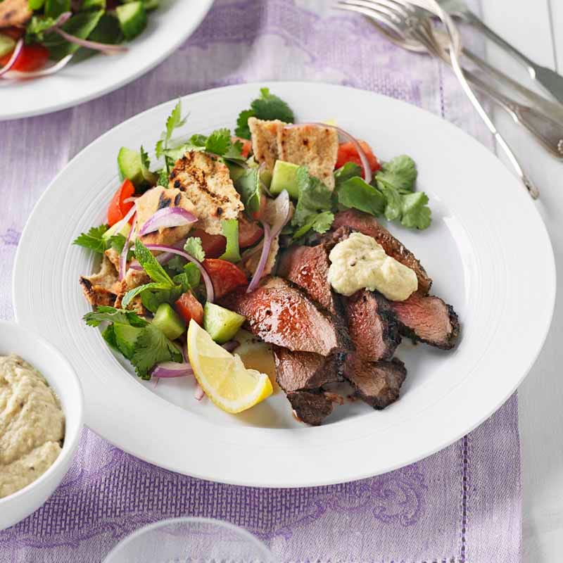 Photo of Barbecued sumac leg of lamb with fattoush and baba ghanoush by WW