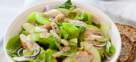 Warm chicken, apple salad with cheddar croutons