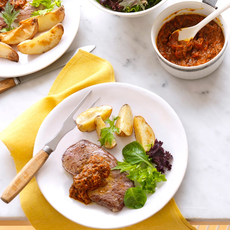 Photo of Sirloin steak with tomato kasundi and potato wedges by WW