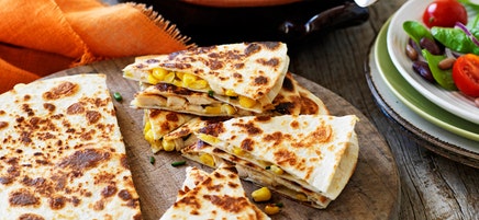 Chicken and corn quesadillas with bean salad