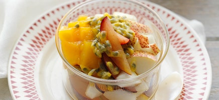 Fruit salad with passionfruit jelly