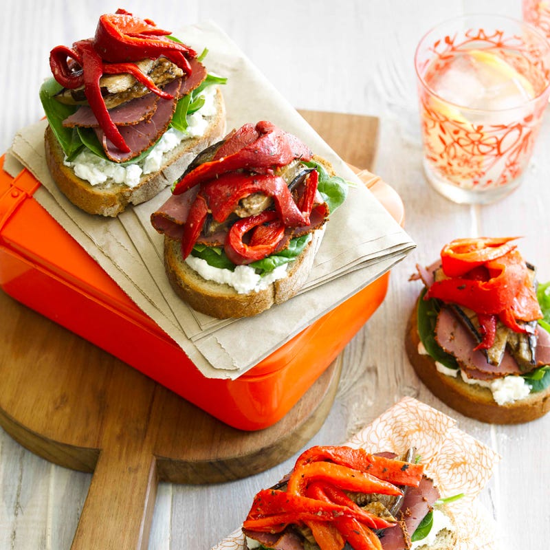 Photo of Pastrami, roasted capsicum, eggplant and baby spinach on rye by WW