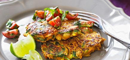 Spinach pakoras with mint and coriander sambal