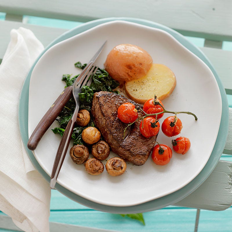 Balsamic marinated steaks with roasted mushrooms and tomatoes