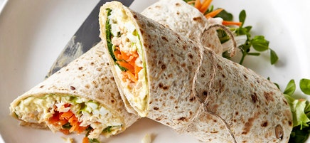 Satay egg and chicken salad wrap