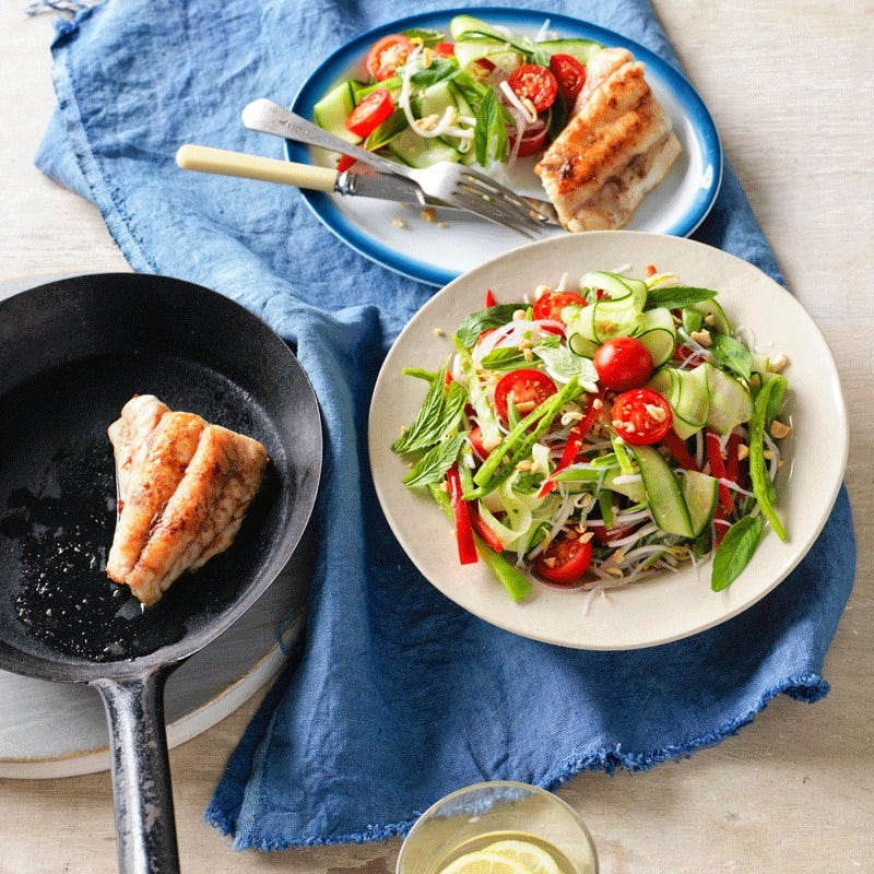 Pan-fried snapper fillets with noodle salad