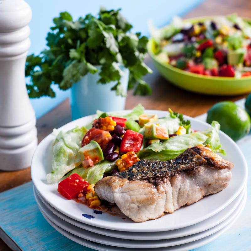 Pan-fried barramundi with Mexican salad