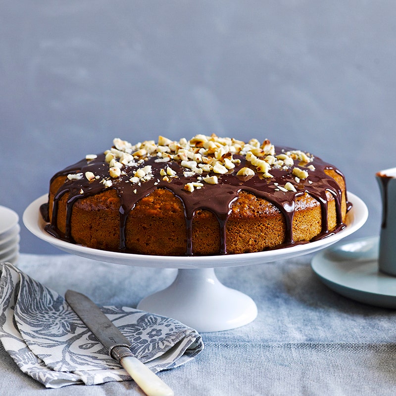 Coffee and hazelnut cake with hot chocolate sauce
