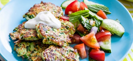Zucchini and haloumi fritters with yoghurt
