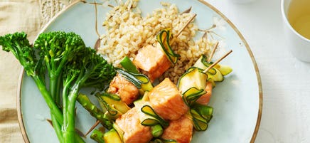 Salmon, zucchini and asparagus skewers