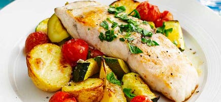 Fish with roast Mediterranean veggies