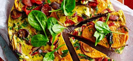 Roasted vegetable and chorizo tortilla