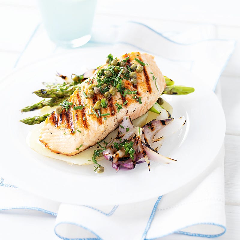 Seared salmon with caper and herb dressing