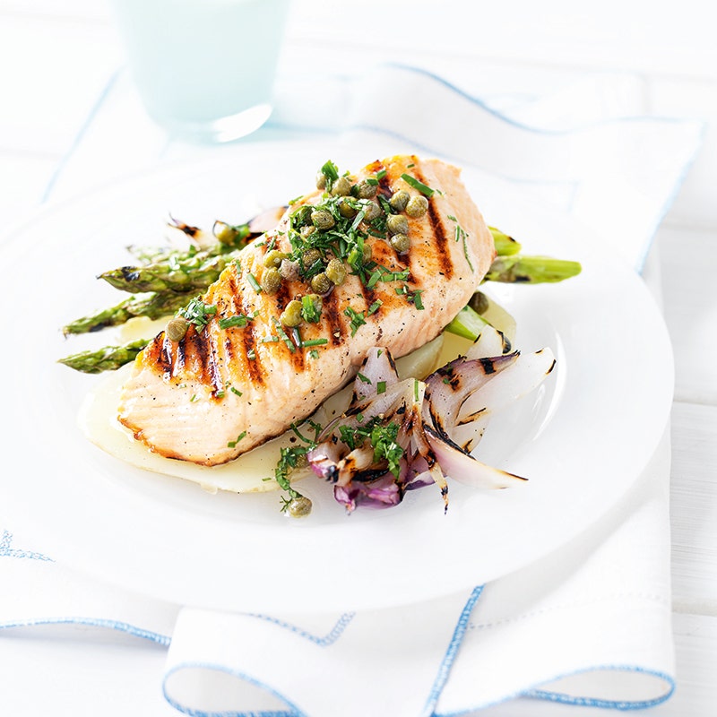 Seared salmon with caper and herb dressing