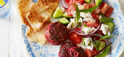 Lamb and beetroot rissoles with Greek salad
