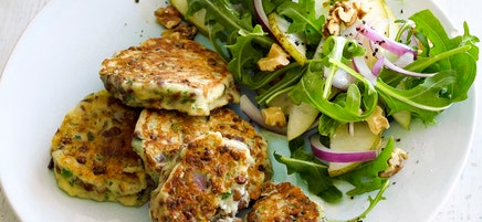 Cheese and lentil fritters with pear and walnut salad