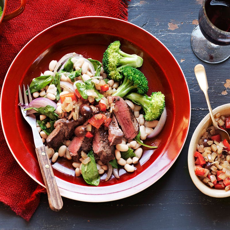 Grilled steak with capsicum and olive relish