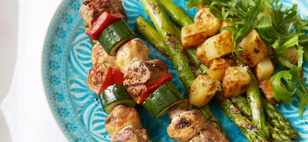 Spanish pork skewers with crisp potatoes