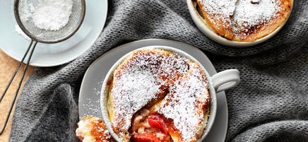 Strawberry and pear bread and butter pudding