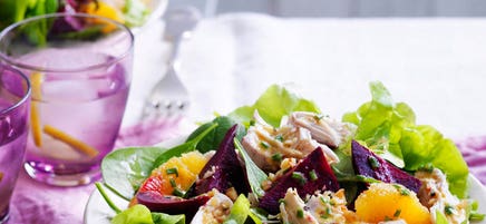 Poached chicken, baby beetroot and orange salad