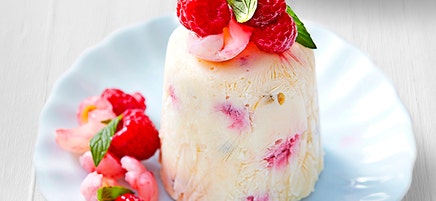 Raspberry and passionfruit yoghurt semifreddo with lychees