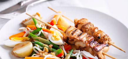 Chicken satay skewers with gado gado salad
