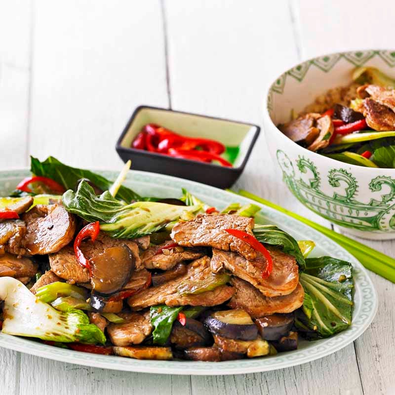 Photo of Chilli eggplant, pork and bok choy stir fry by WW