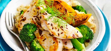 Cumin chicken with vegetable quinoa