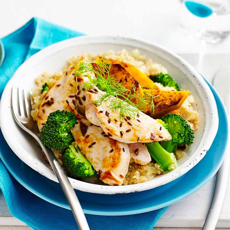 Cumin chicken with vegetable quinoa