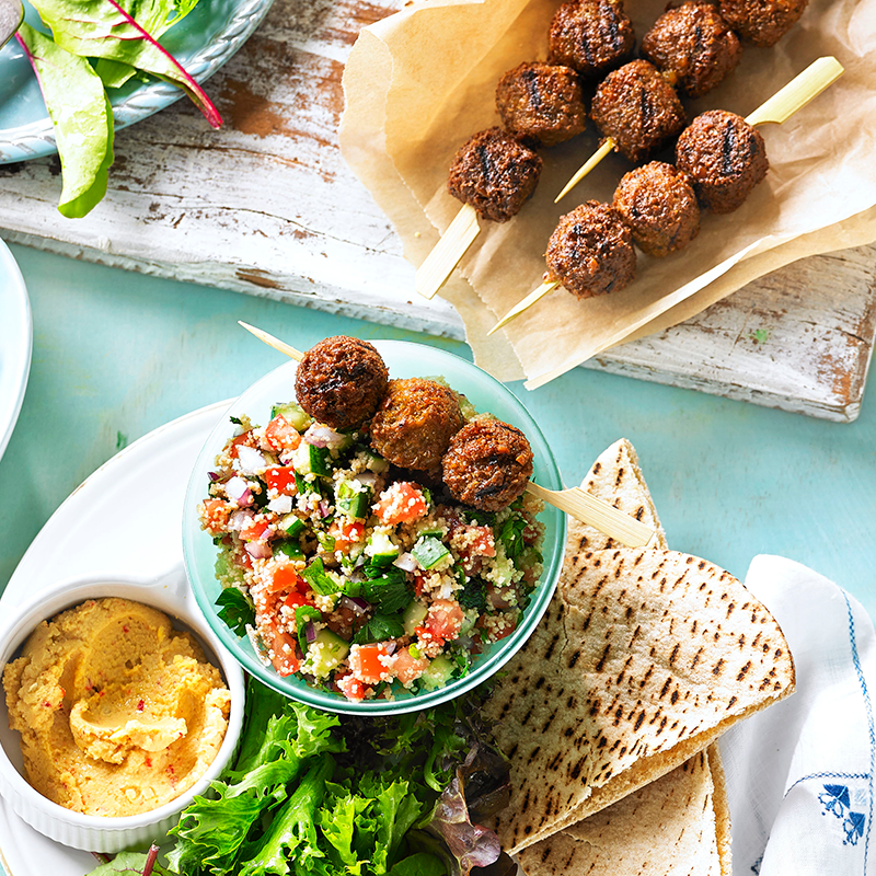 Falafel skewers with chilli hummus and couscous
