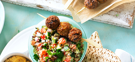 Falafel skewers with chilli hummus and couscous