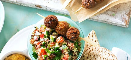 Falafel skewers with chilli hummus and couscous