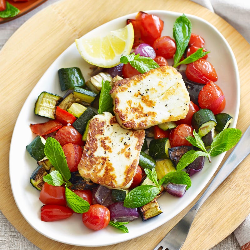 Warm ratatouille salad with haloumi