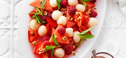 Raspberry, watermelon and lychee salad with rosewater syrup
