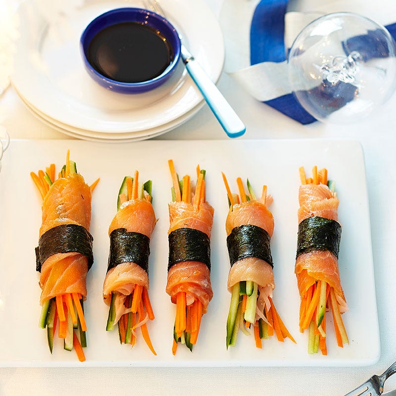 Salmon, cucumber and seaweed rolls