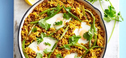 Indian pilaf with baked eggs