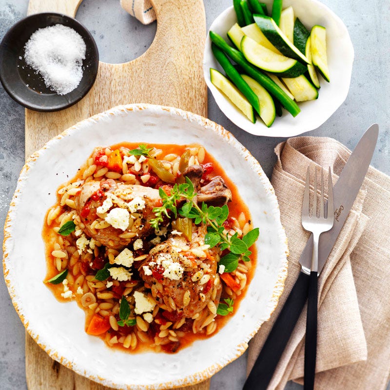 Slow-cooked chicken with risoni, feta and oregano