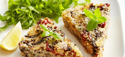 Eggplant, tomato and basil rice cake