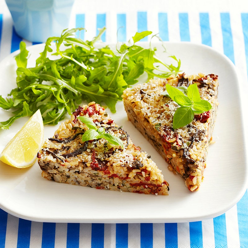 Eggplant, tomato and basil rice cake